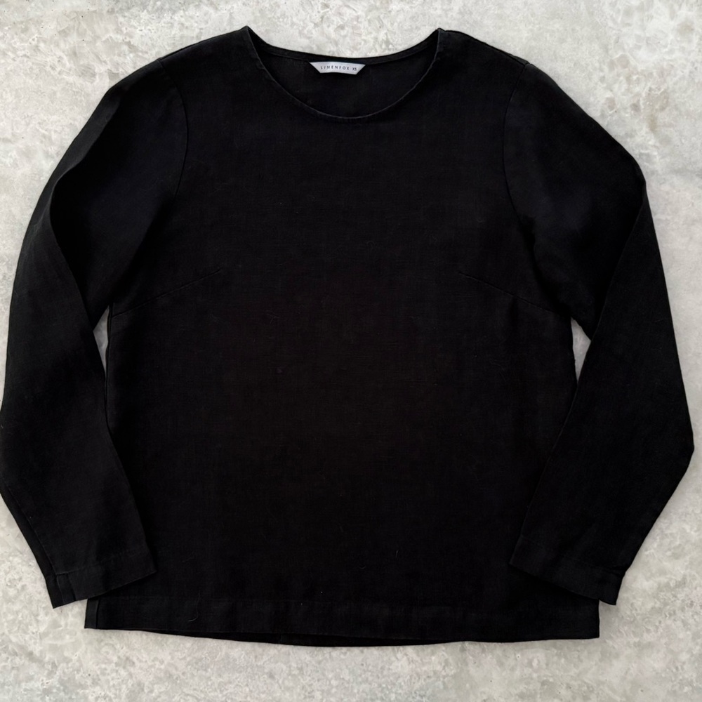 Linenfox Classic Black Long Sleeve Top  100% Linen Size XS
